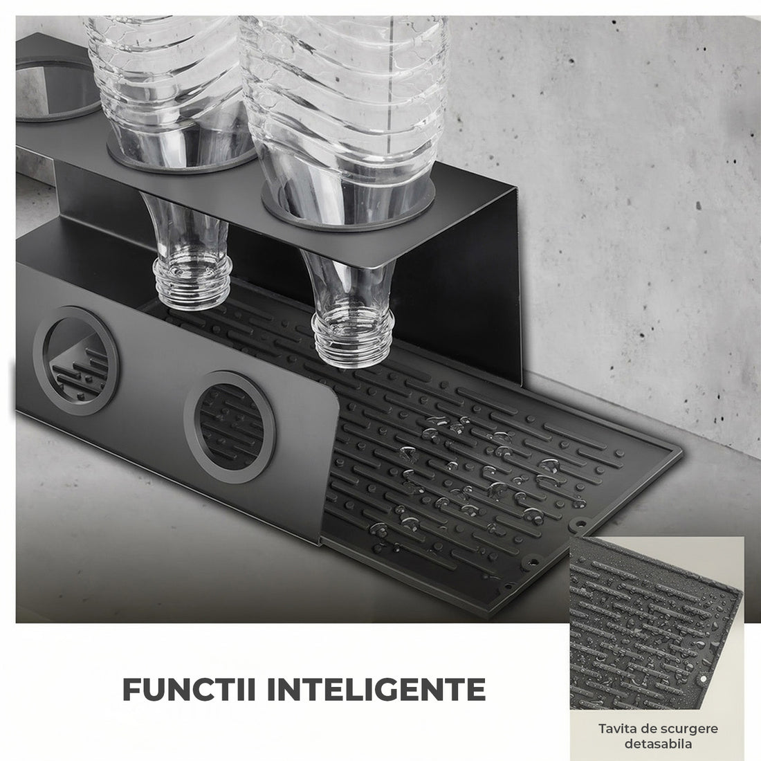 Scurgator de Sticle Elindor® cu 3 Orificii, Suport Scurgere Capace, Otel Inoxidabil, Ideal pentru Chiuveta in Bucatarie, Bar, cu Scurgere Automata si Ventilatie Completa, Multifunctional, 11.3 x 13.3 x 30 cm, Negru
