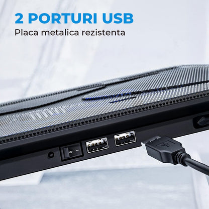 Cooler Laptop Elindor® 15.6-17 Inch, cu 3 Ventilatoare Blue LED, Silentios, USB Alimentare, Suport Reglabil, Design Slim, Negru