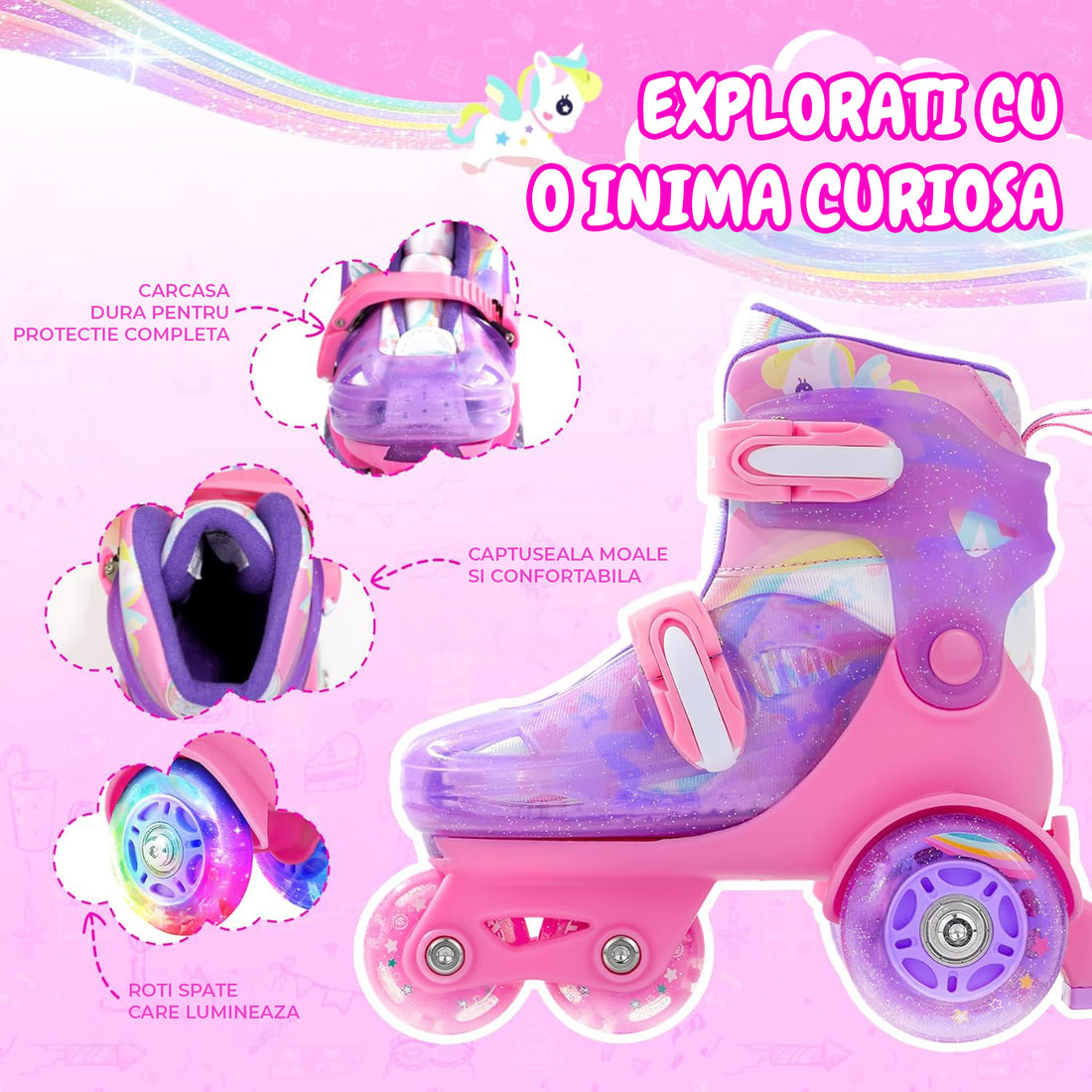 Role Reglabile Elindor® pentru Copii, Fete si Baieti, 4 Roti cu Lumini, Platforma in Triunghi, Ajutatoare pentru Incepatori, Rotile din Silicon, Rulmenti Aluminiu / Poliuretan, Marimea S, 28-32, Roz