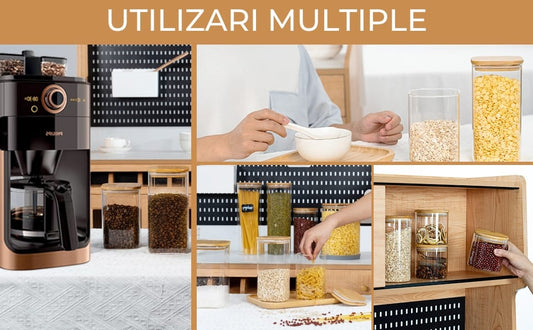 Set 3 Borcane Sticlă Elindor®, 2L, Capace Bambus și Etichete Negre