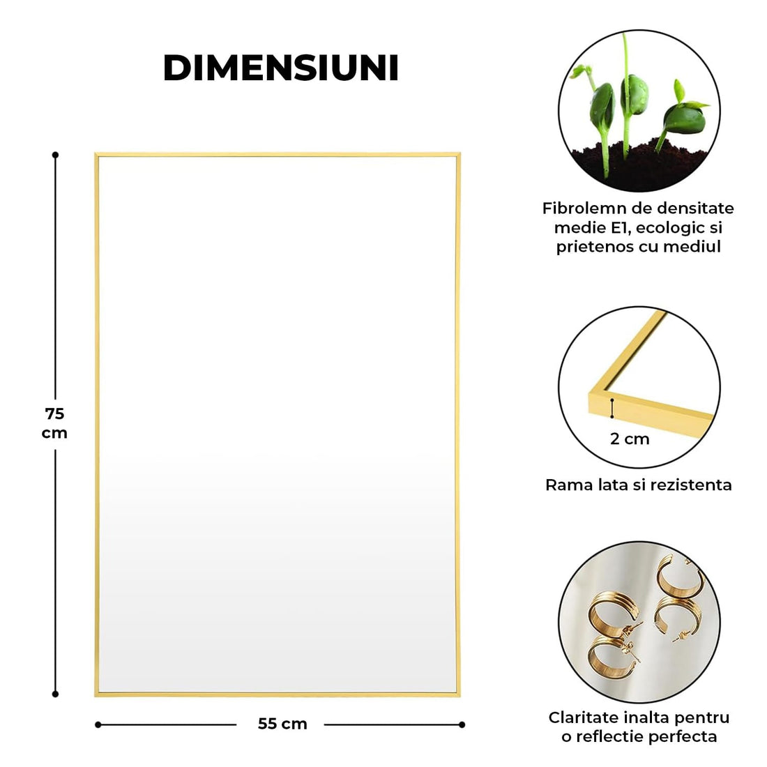 Oglinda Dreptunghiulara Elindor®, 55x75 cm, Sticla Fara Distorsiuni, Usor de Instalatat, Auriu