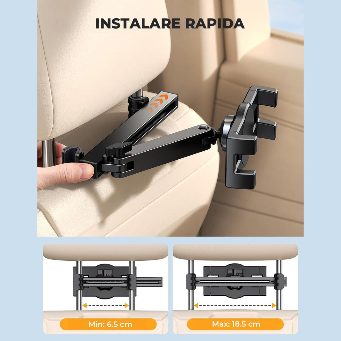 Suport Auto Tetiera Elindor® pentru Tablete si Telefoane, Pliabil, Extensibil, Rotire 360°, Compatibil 4,7-12,9", Negru