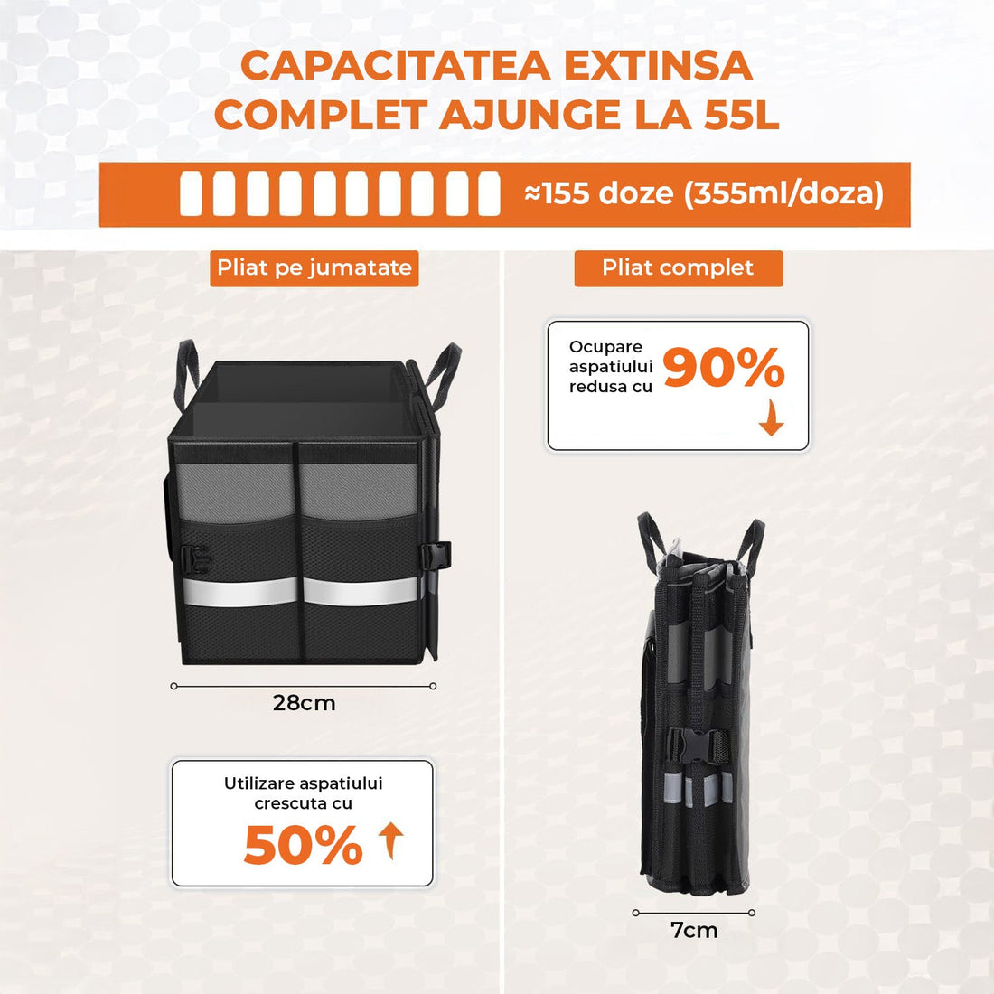 Organizator Negru Portbagaj Auto Elindor®, Cutie Pliabila, Geanta Depozitare, Compartimentare Practica, Accesorii Interior Masina, Plasa Elastica, Suport Bagaje, Organizare Rapida