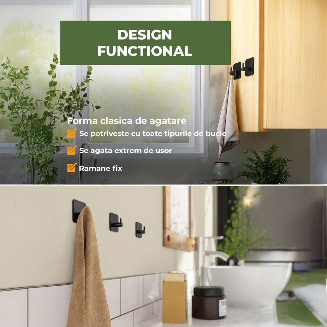 Set 6 Carlige Autoadezive Elindor®, Otel Inoxidabil Negre, Design Modern Fara Gaurire, Adeziv Puternic Rezistent la Apa, Suporta pana la 10 kg, Montaj Rapid, Agatatori pentru Prosoape, Halate, Chei, pentru Baie, Bucatarie, Hol, Birou sau Usi