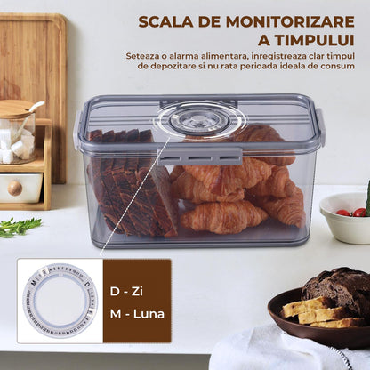 Cutie Depozitare Alimente Etansa Elindor® cu Supapa de Aer, Scala de Timp, Tava Scurgere si Capac Rezistent, Gri