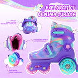 Role Reglabile Elindor® pentru Copii, Fete si Baieti, 4 Roti cu Lumini, Platforma in Triunghi, Ajutatoare pentru Incepatori, Rotile din Silicon, Rulmenti Aluminiu / Poliuretan, Marimea XS, 25-27.5, Mov