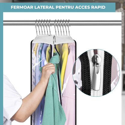 Set 3 Huse Depozitare Elindor® pentru Haine Dulap, Organizator pentru Dormitor Studentesc, Organizatoare Mari cu 8 Umerase, Organizare Multifunctionala, Separator Haine cu Fermoar Lateral, 100 x 60 x 25 cm, Transparent