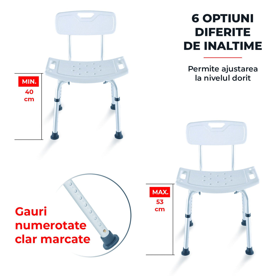 Scaun de Dus Elindor® cu Design Ergonomic si Capacitate 130 Kg, Reglabil pe Inaltime,Perfect pentru Siguranta in Baie, Alb