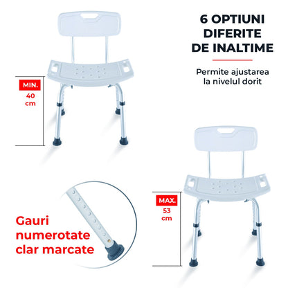 Scaun de Dus Elindor® cu Design Ergonomic si Capacitate 130 Kg, Reglabil pe Inaltime,Perfect pentru Siguranta in Baie, Alb