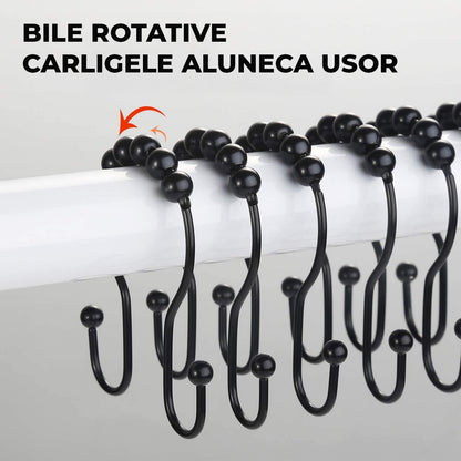 Set 12 Inele Negre pentru Perdea Dus Elindor®, Accesorii Baie, Agatatoare Inox, Anticadere, Rezistente la Coroziune, Decoratiuni Metalice, Ideal pentru Bara si Prindere Usoara