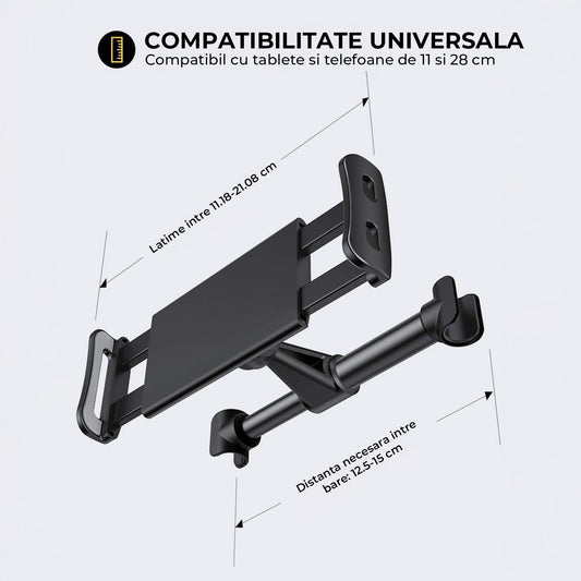 Suport Tetiera Auto Elindor® Compatibil Tablete si Telefon 4.7-10.5 Inch, Instalare fara Unelte, Reglabil si Stabil pentru Masina, Rotatie 360°, Negru