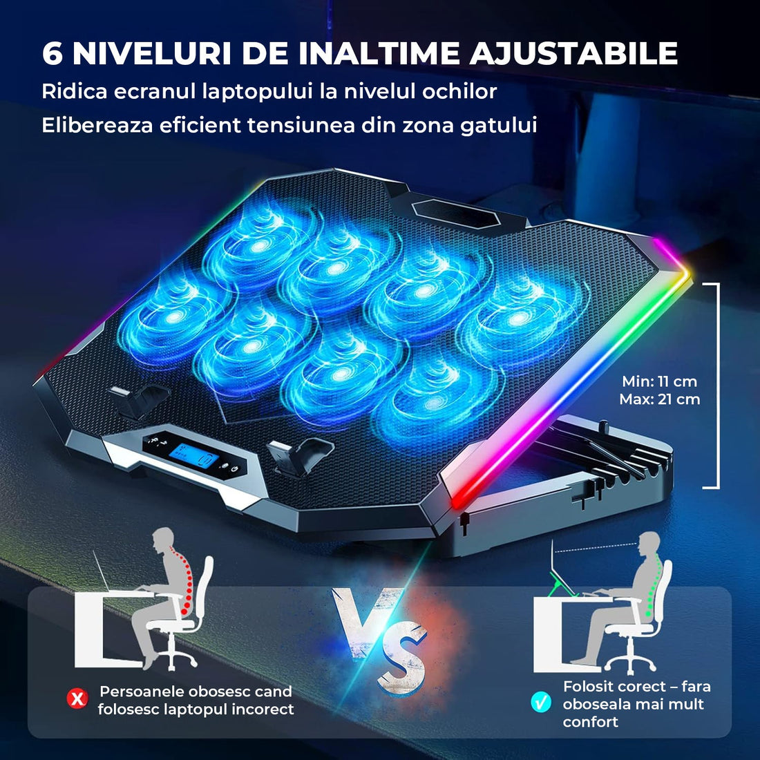 Cooler Laptop Elindor® cu 8 Ventilatoare Silentioase, RGB, Reglaj Inaltime, Afisaj Digital LCD, Suport Telefon, Negru