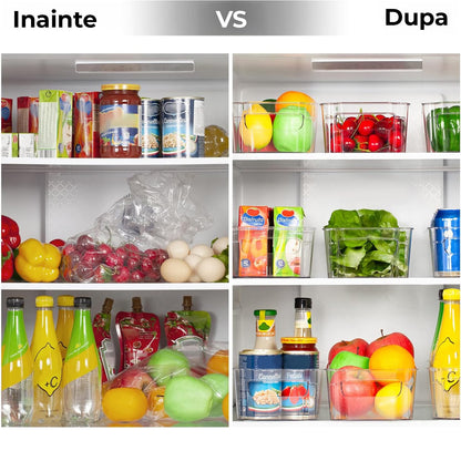 Set 8 Organizatoare Frigider Elindor®, ABS Rezistent, Depozitare Alimente, BPA Free, Manere Practice, Transparent