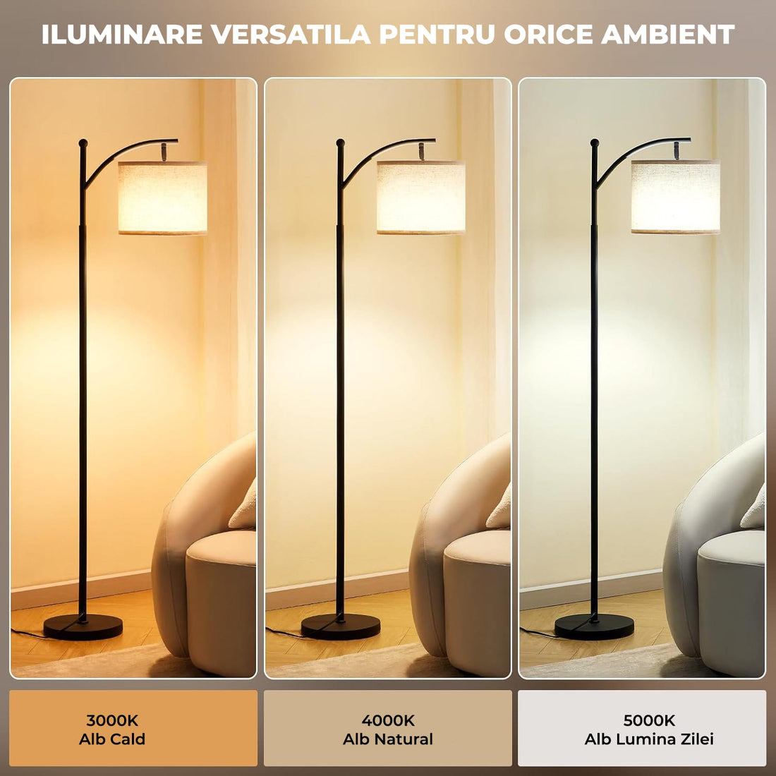 Lampa de Podea Elindor® Veioza cu Abajur Tesatura, Lumina Ajustabila 3000K, 4000K, 5000K, Soclu Compatitbil E26, pentru Camera de Zi, Dormitor, Sufragerie, Birou, Hol, Picior 154 x Baza 22 cm, Neagra