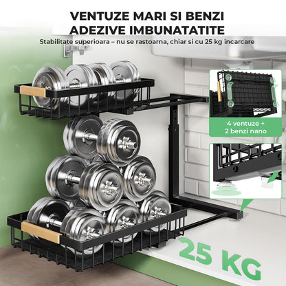 Organizator Multifunctional Elindor® pe 2 Nivele, 2x Sertar Glisant, Montat pe Blat sau in Dulap sub Chiuveta, Suport Metalic Organizare, pentru Bucatarie, Baie, Camara, Bar, Raft cu Sertare Depozitare Legume, Detergenti, Parfumuri, 40×30×43 cm, Negru