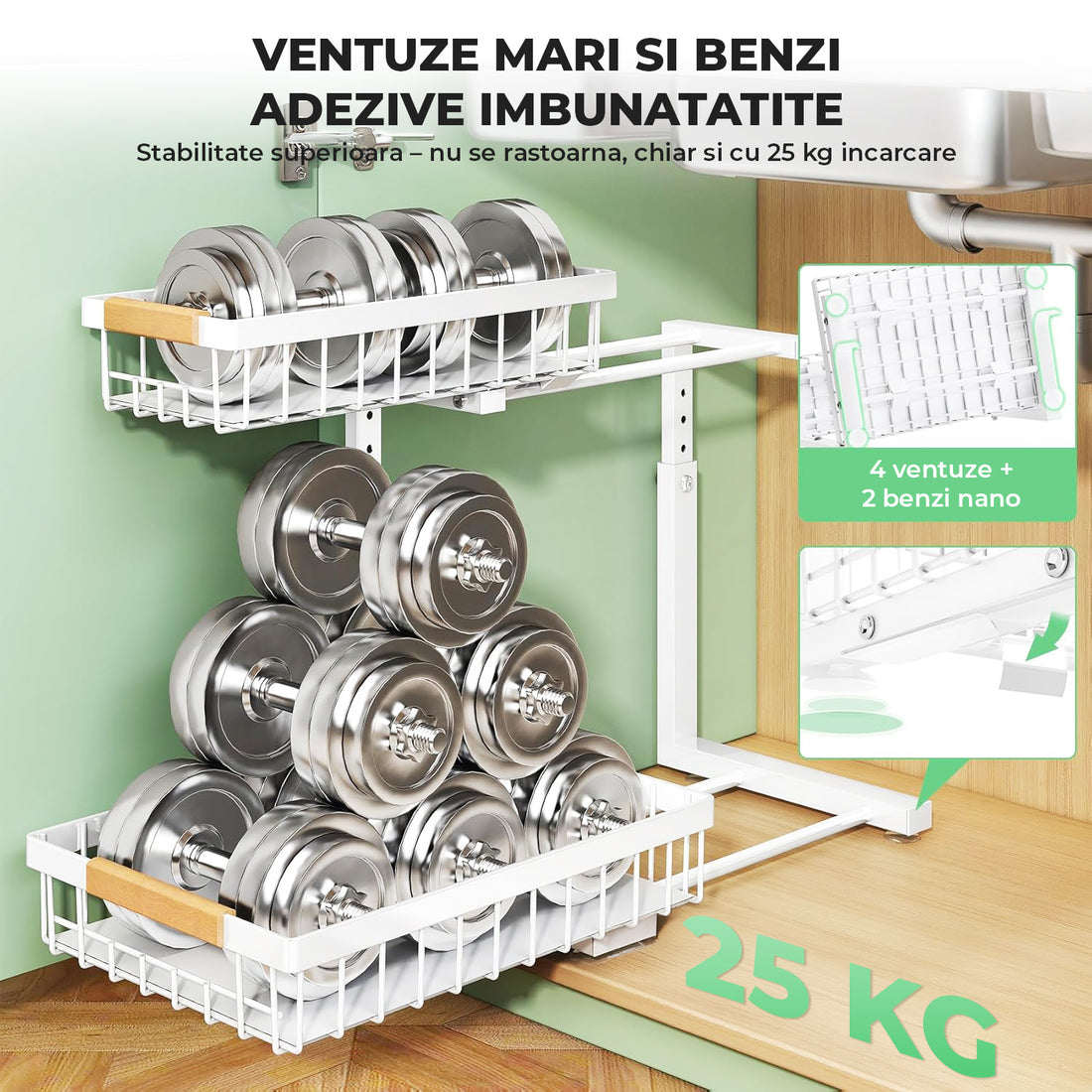 Organizator Multifunctional Elindor® pe 2 Nivele, 2x Sertar Glisant, Montat pe Blat sau in Dulap sub Chiuveta, Suport Metalic Organizare, pentru Bucatarie, Baie, Camara, Bar, Raft cu Sertare Depozitare Legume, Detergenti, Parfumuri, 40.×30×43 cm, Alb