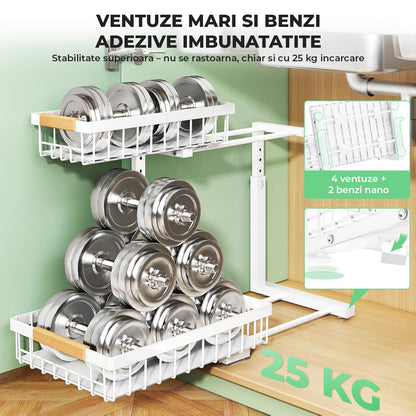 Organizator Multifunctional Elindor® pe 2 Nivele, 2x Sertar Glisant, Montat pe Blat sau in Dulap sub Chiuveta, Suport Metalic Organizare, pentru Bucatarie, Baie, Camara, Bar, Raft cu Sertare Depozitare Legume, Detergenti, Parfumuri, 40.×30×43 cm, Alb