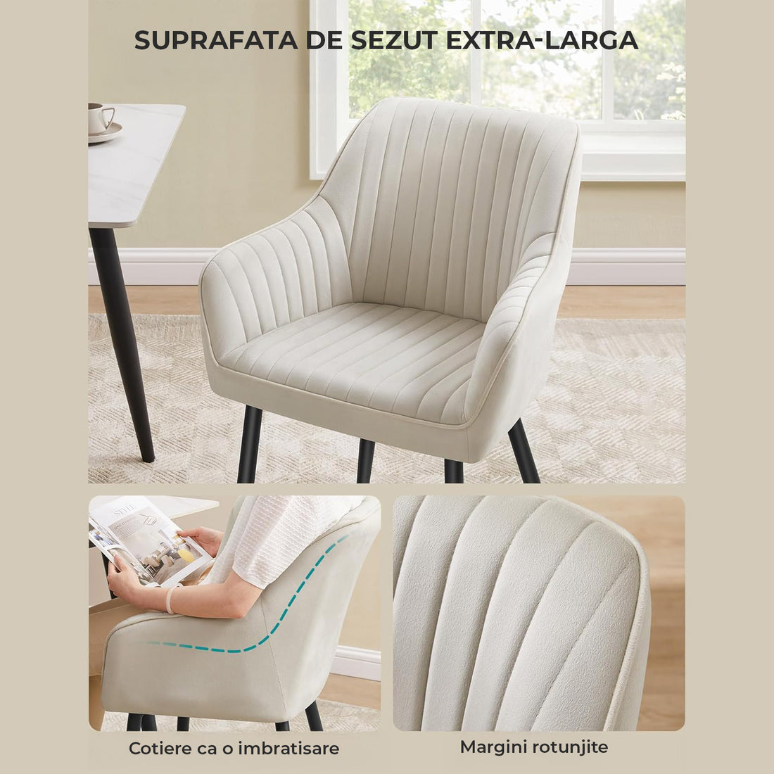 Set 2 Scaune Elindor® Ergonomice, Design Contemporan, Scaun cu Spatar si cu Manere, din Catifea cu Picioare Metalice Negre, Potrivite pentru Living, Bucatarie, Birou, Dormitor, Latime Sezut 49 cm, 55.5 x 43 x 83 cm, Bej Deschis