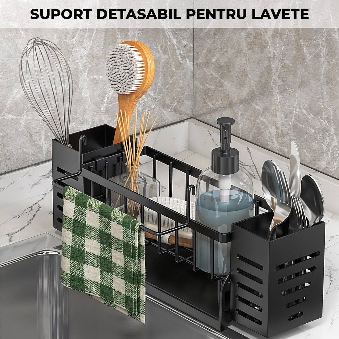 Scurgere Tacamuri cu Scurgere Automata Elindor®, Suport pentru Chiuveta, Bureti, Perii, Lavete, Detergent, Sticle, Cutii Inox, Cu Suport Prosop, Montaj Pe Blat Sau Perete, Metal Durabil 30,5×9×11 cm, Negru