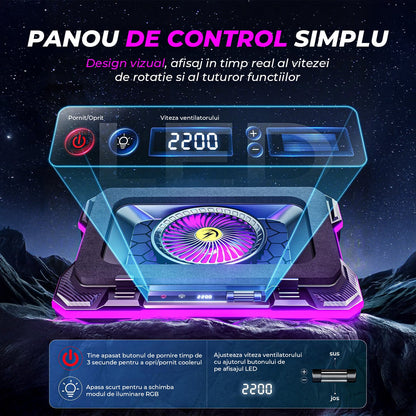 Suport Racire Elindor® Cu Ventilator Turbo Puternic, 10 Efecte RGB, Afisaj LCD, 7 Trepte Reglaj Inaltime, Negru