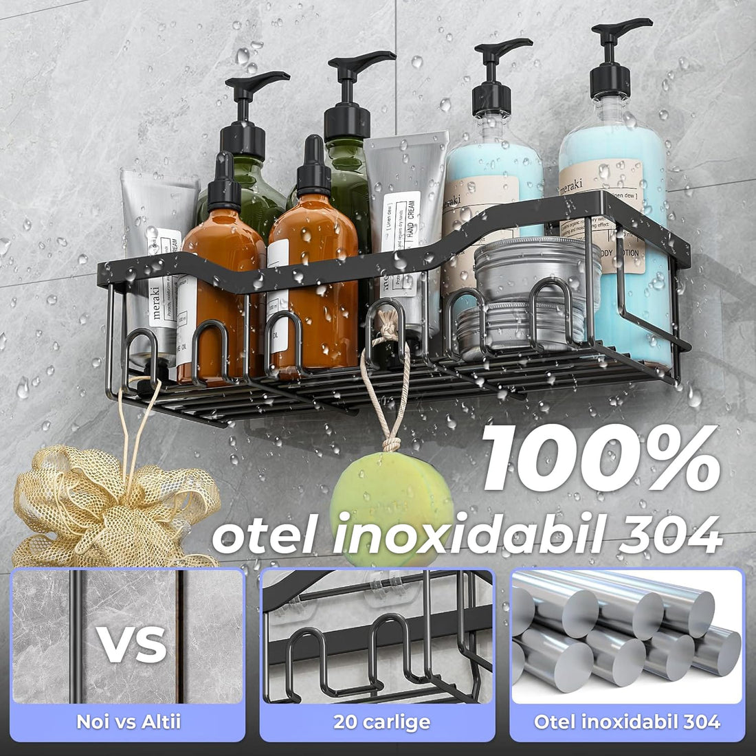 Set 5 Etajere Rafturi Pentru Baie Elindor® Fara Gaurire, Otel Inoxidabil, Fixare Adeziva, Negru