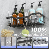 Set 5 Etajere Rafturi Pentru Baie Elindor® Fara Gaurire, Otel Inoxidabil, Fixare Adeziva, Negru