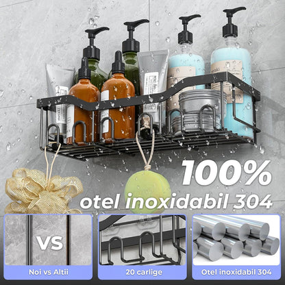 Set 5 Etajere Rafturi Pentru Baie Elindor® Fara Gaurire, Otel Inoxidabil, Fixare Adeziva, Negru