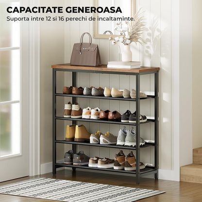 Organizator pentru Pantofi Elindor® Pantofar cu 5 Nivele Mari, Fara Gauri, Suport Metalic si MDF pentru Papuci, Dulap Hol, Dormitor, Economisire Spatiu, Depozitare Incaltaminte, 75 x 30 x 90 cm, Negru/Maro
