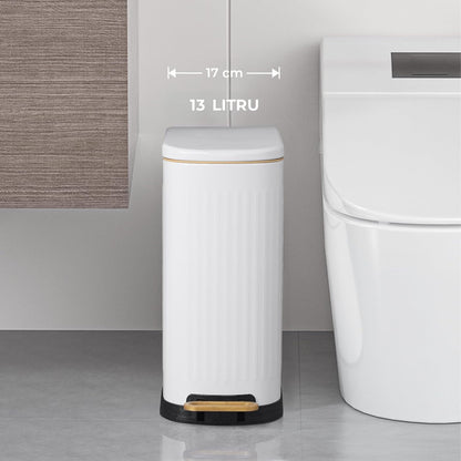 Cos de Gunoi pentru Baie cu Pedala Elindor® Metalic 13 L, Incorporabil, Functie Soft-Close, Capac Anti-Miros, Interior din Plastic, Pubela Slim pentru Bucatarie, Birou, Camera, Colectare Hartie Igienica si Deseuri, Design Compact si Modern, 34x17x39 cm, A