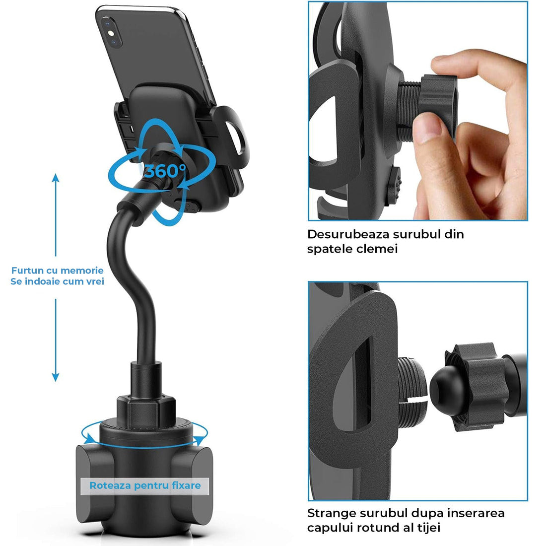 Suport Telefon Auto Elindor® Universal pentru Suport Pahar, Brat Reglabil, Rotire 360°, Accesoriu Masina, Negru