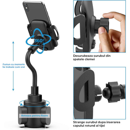 Suport Telefon Auto Elindor® Universal pentru Suport Pahar, Brat Reglabil, Rotire 360°, Accesoriu Masina, Negru