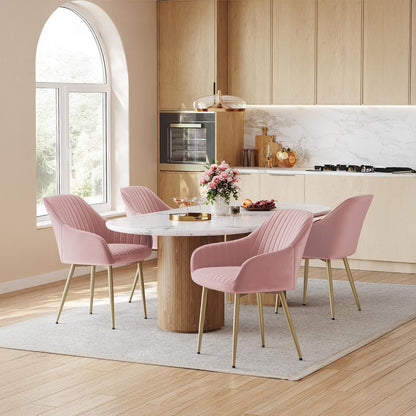 Set 2 Scaune Elindor® Ergonomice, Design Contemporan, Scaun cu Spatar si cu Manere, din Catifea cu Picioare Metalice Aurii, Potrivite pentru Living, Bucatarie, Birou, Dormitor, Latime Sezut 49 cm, 55.5 x 43 x 83 cm, Roz