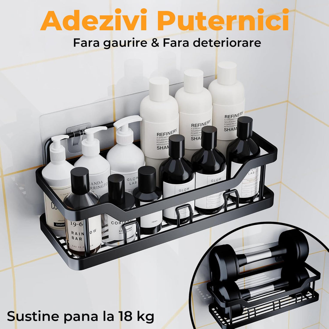 Set 5 Etajere Autoadezive Elindor® Rfturi de Dus, Otel Carbon, Fixare Fara Gauri, Negru