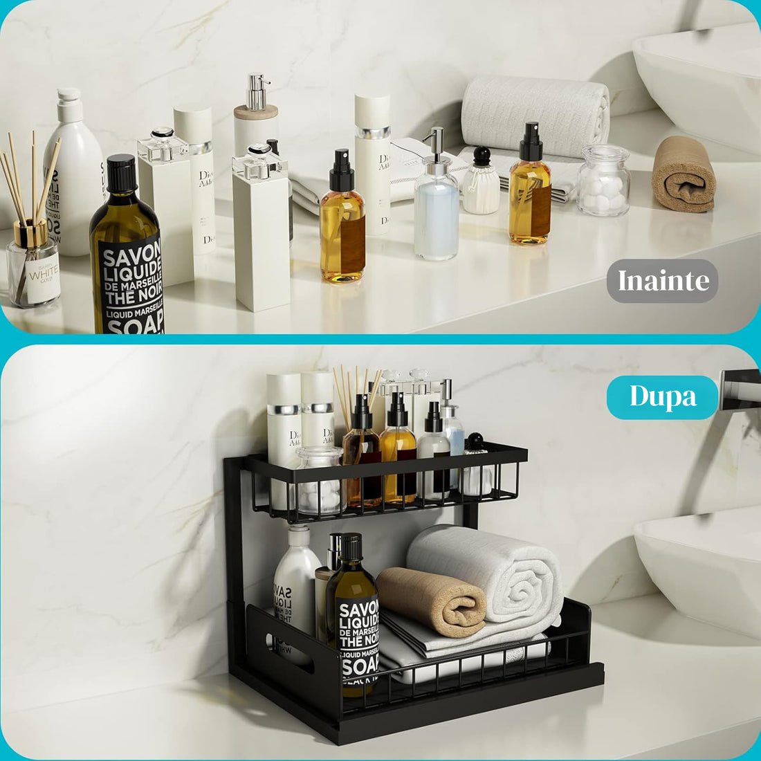 Organizator Multifunctional Elindor® 2 Nivele, pe Blat / in Dulap sub Chiuveta, Sertar Glisant, Suport Metalic Organizare, Ideal pentru Bucatarie, Baie, Camara, Bar, Raft cu Sertare Depozitare Legume, Fructe, Detergenti, Parfumuri, 36.2 x 27 x 28.5, Negru