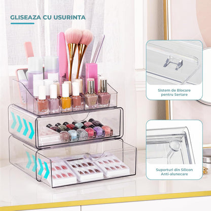 Organizator Machiaj Elindor®, 3 Sertare, Suport Rujuri, Pensule si Produse Cosmetice, Transparent