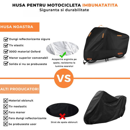 Husa De Motocicleta Impermeabila Elindor®, Rezistenta Pentru Toate Sezoanele, Cu Elemente Reflectorizante Nocturne, Gauri Pentru Lacat, Curele Anti-Vant, Protectie UV, Negru