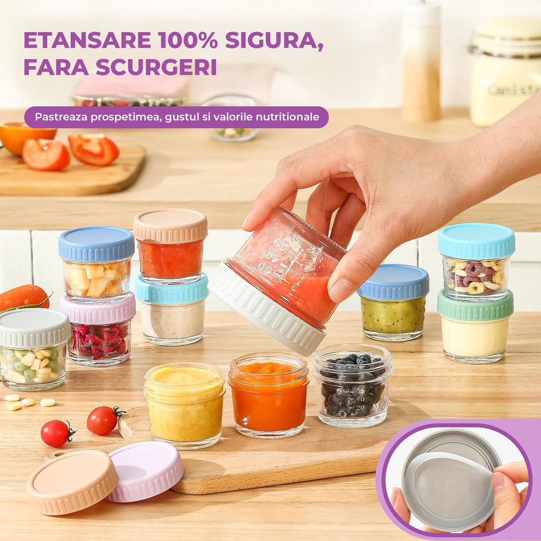 Set 12 Recipiente Elindor® pentru Hranire Bebelusi, pentru Diversificare, Hranire si Alaptare, Ideale pentru Lapte Praf, Sticle pentru Mancare, din Sticla, fara BPA, 6 x 6.2 cm, Multicolor