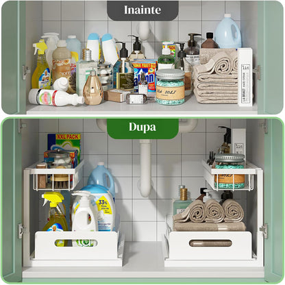 Organizator Multifunctional Elindor® 2 Nivele, pe Blat / in Dulap sub Chiuveta, Sertar Glisant, Suport Metalic Organizare, Ideal pentru Bucatarie, Baie, Camara, Bar, Raft cu Sertare Depozitare Legume, Fructe, Detergenti, Parfumuri, 36 x 27 x 28.5, Alb