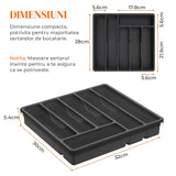 Organizator pentru Tacamuri Negru Elindor® Ustensile de Bucatarie, 6 Compartimente Depozitare, Suport pentru Cutite, Linguri, Furculite, Accesorii Bucatarie, Separator Sertar, 33x30x5.3 cm, PP fara BPA