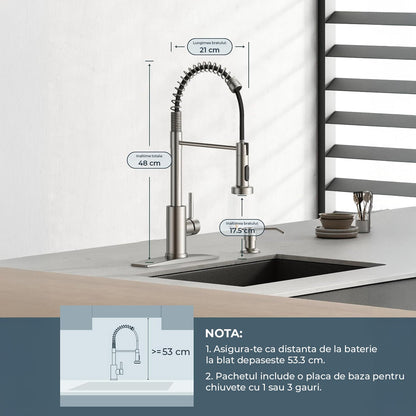 Baterie Bucatarie Elindor®, Robinet Profesional cu Pipa Flexibila, Cap de Dus cu 2 Functii, Jet Reglabil, Montaj Simplu, Rezistenta La Coroziune, Otel Inoxidabil, Chrom