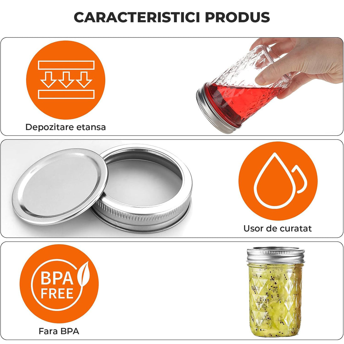 Set 6 Borcane din Sticla Elindor® cu Capac Ermetic, Borcan 240 ml Ideal pentru Miere, Dulceata, Condimente, Cafea, Zahar si pentru Fermentare Muraturi, Capace Metalice, Recipient Depozitare in Bucatarie, Transparent