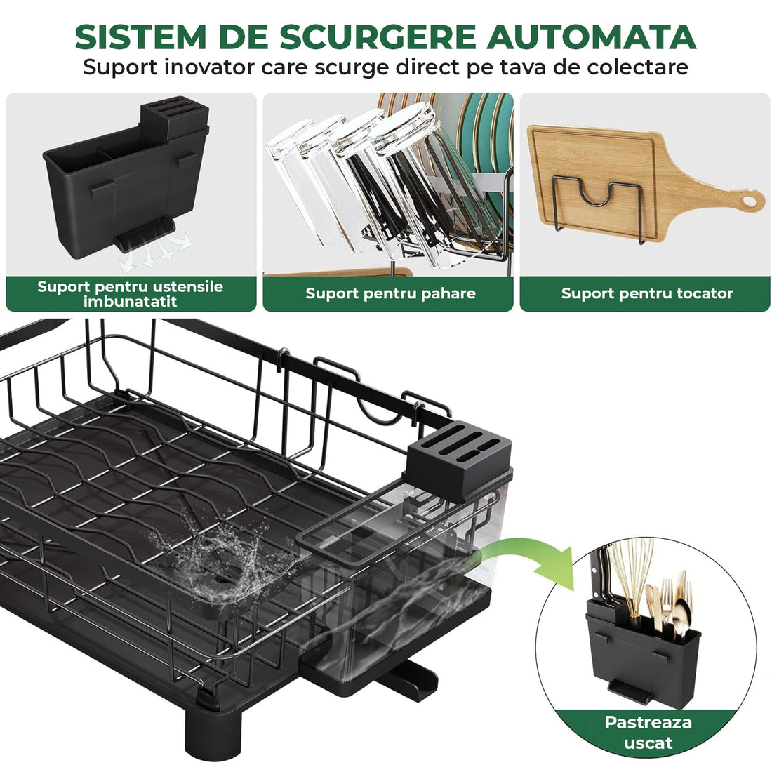 Scurgator Vase Etajat Elindor®,  Suport Uscat Vesela Pentru Chiuveta, Uscator Ideal pentru Farfurii, Tacamuri, Capace, Tigai, Pahare, Tava din Plastic cu Scurgere Automata, Organizator Metalic Bucatarie Multifunctional, 43.5 x 33 x 11 cm, Negru
