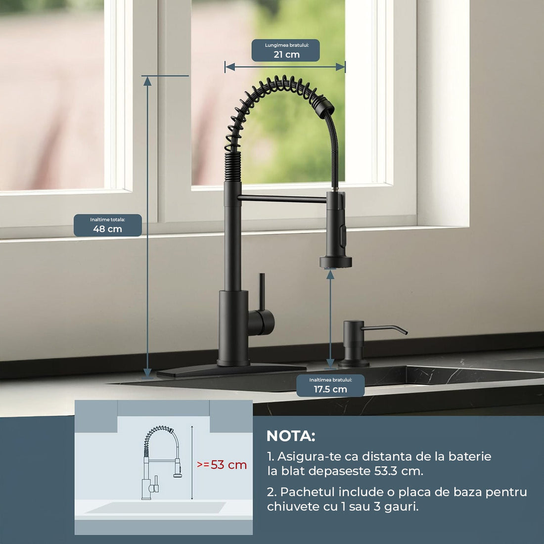 Baterie Chiuveta Bucatarie Neagra Elindor®, Robinet de Apa Lavoar, Modern cu Pipa Flexibila, Cap Dus Extractabil cu Doua Functii, Jet Reglabil, Monocomanda, Rotativ 360°, Otel Inoxidabil, Finisaj Mat