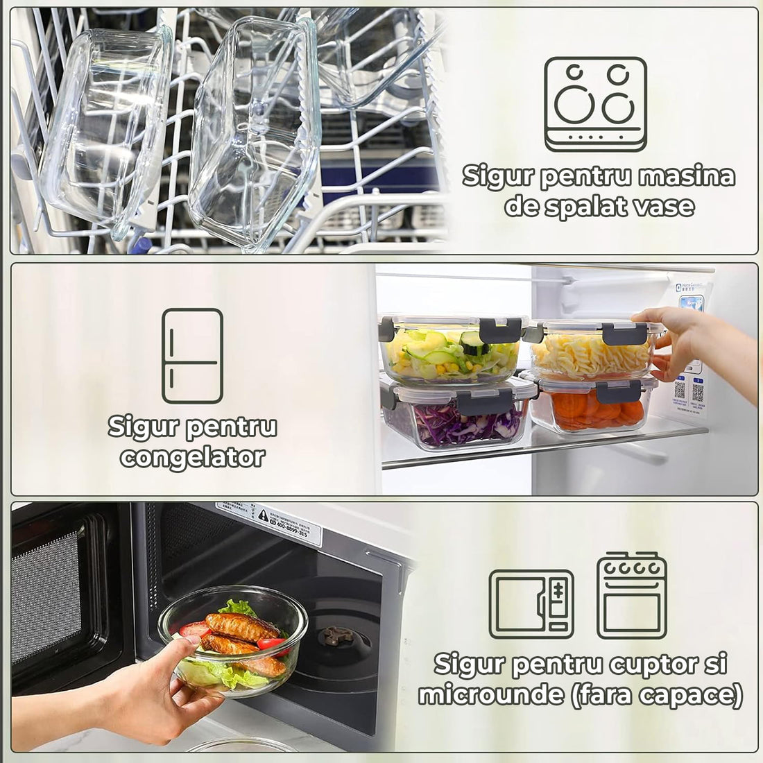 Set de 12 Caserole Elindor® din Sticla, Recipiente Ingrediente pentru Bucatarie, pentru Alimente Uscate, Recipient pentru Depozitare Cafea, Zahar, Paste, Cereale, Capac Etans, Potrivit pentru Congelator Transparent