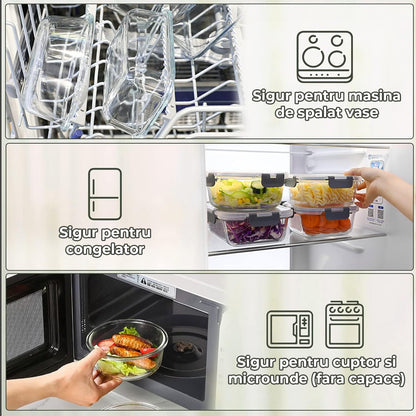 Set de 12 Caserole Elindor® din Sticla, Recipiente Ingrediente pentru Bucatarie, pentru Alimente Uscate, Recipient pentru Depozitare Cafea, Zahar, Paste, Cereale, Capac Etans, Potrivit pentru Congelator Transparent