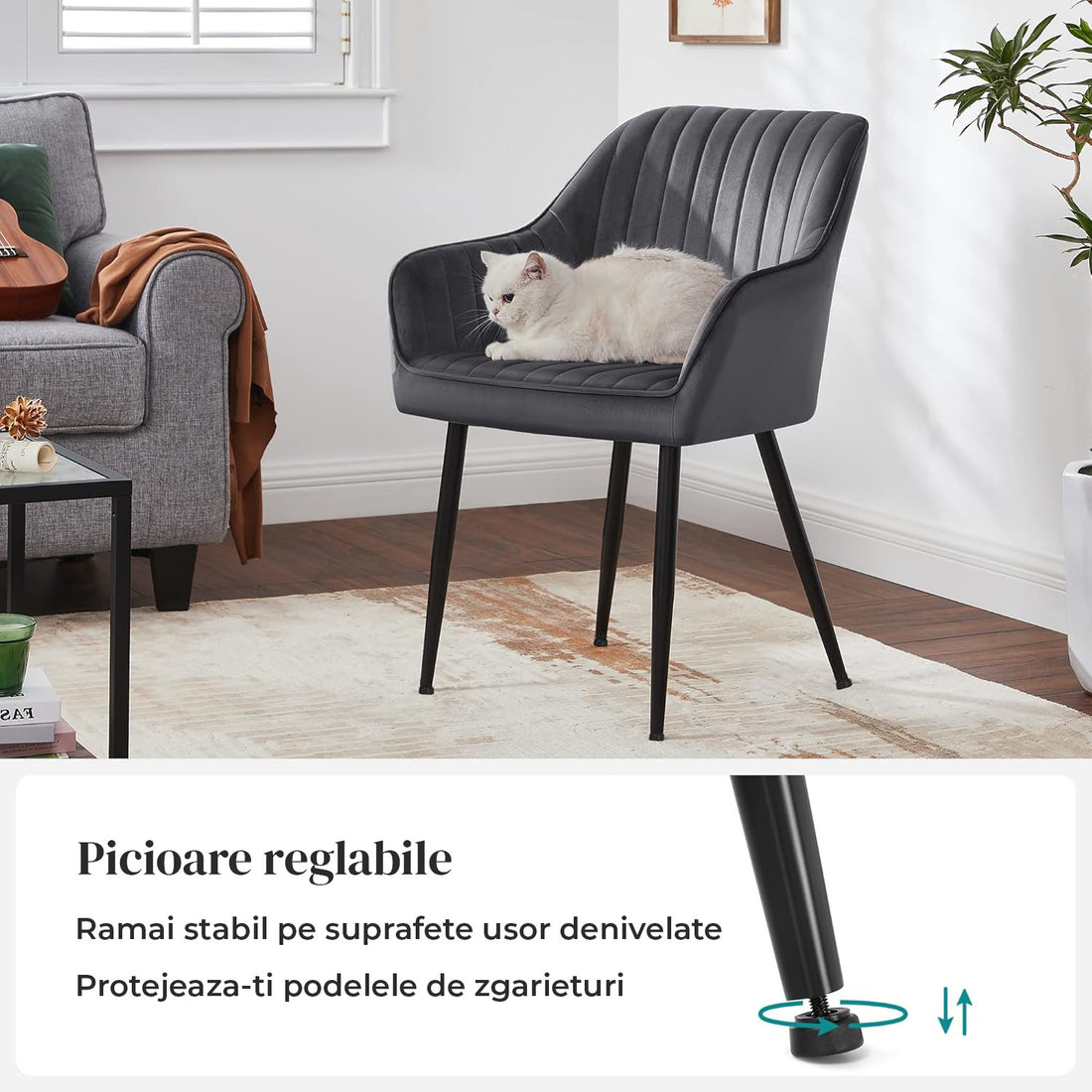 Set 2 Scaune Elindor® Ergonomice, Design Contemporan, Scaun cu Spatar si cu Manere, din Catifea cu Picioare Metalice Negre, Potrivite pentru Living, Bucatarie, Birou, Dormitor, Latime Sezut 49 cm, 55.5 x 43 x 83 cm, Gri Inchis