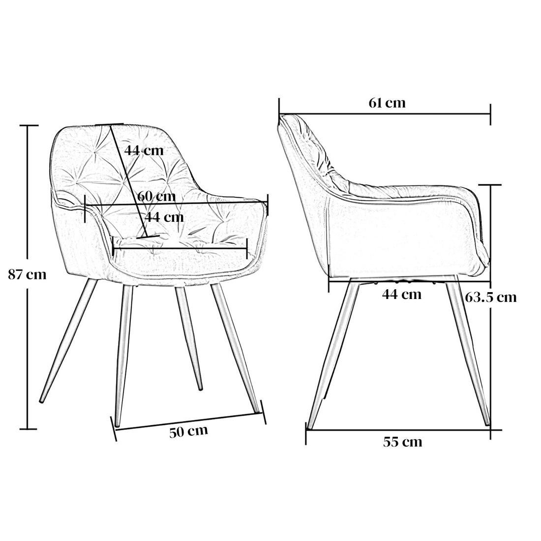 Set 2 Scaune Elindor® Ergonomice, Design Modern si Elegant, Scaun cu Spatar si cu Manere, din Catifea cu Picioare Metalice Negre, Potrivite pentru Living, Bucatarie, Birou, Dormitor, Latime Sezut 49 cm, 61 x 60 x 87 cm, Negru