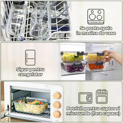 Set de 10 Caserole Elindor® din Sticla, Recipiente Ingrediente pentru Bucatarie, pentru Alimente Uscate, Recipient pentru Depozitare Cafea, Zahar, Paste, Cereale, Capac Etans, Potrivit pentru Congelator Transparent