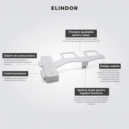 Bideu Retractabil Elindor® pentru Toaleta cu Functie de Auto Curatare, Buton Control de Presiune, pentru Igiena Personala, Apa Calda si Rece, Non Electric, Kit Accesorii WC, Sistem Bidet pentru Colac si Capac de Toalete, Set pentru Baie, Alb / Negru
