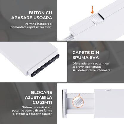 Set 5 Separatoare Extensibile Elindor® din Plastic pentru Sertar, Organizare Bucatarie, Birou, Dormitor, Baie, Organizatoare si Separatoare Sertare, Organizator Spatii Depozitare, Ajustabil si Extensibil de la 28 cm la 48 cm, Transparent